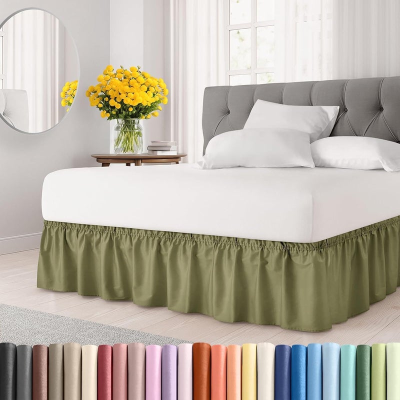 Bed Skirt,1 Piece Dark Green Elastic Skirt Queen Size,Dust Ruffle Size for Queen,15inch (38cm) Drop Length–Neatly Covers Base & Decor Bedroom