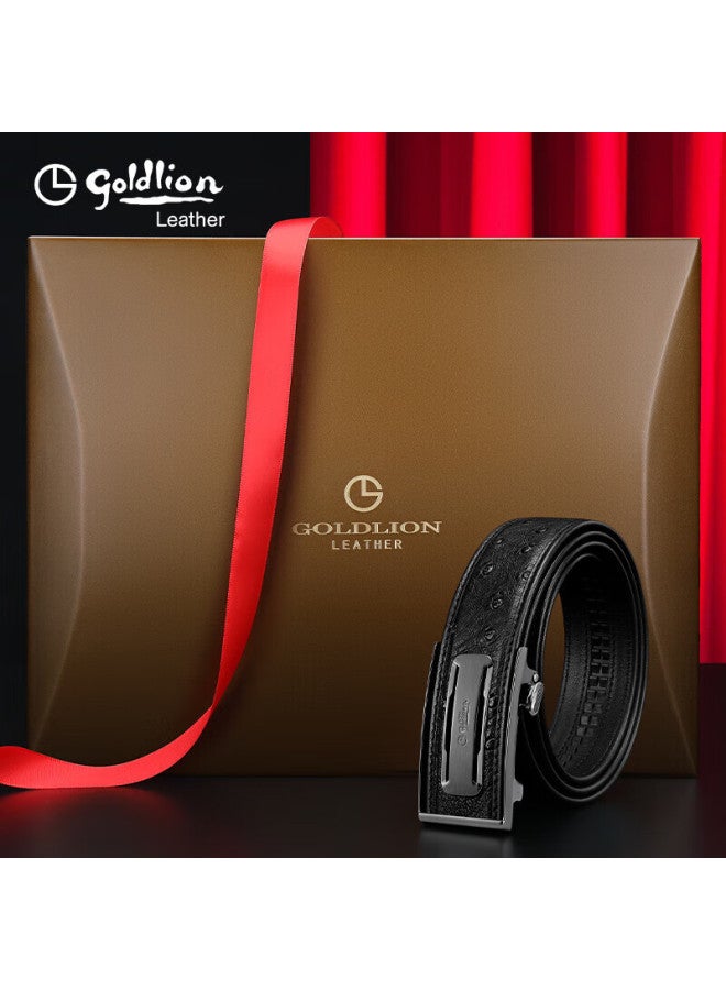 Goldlion Men's Leather Belt With Automatic Buckle, High-quality Wooden Gift Box, Ostrich Leather Inner Buckle Trouser Belt, New Year Gift - Image 1
