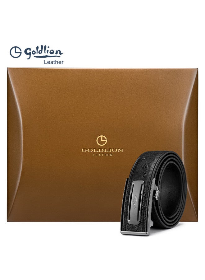 Goldlion Men's Leather Belt With Automatic Buckle, High-quality Wooden Gift Box, Ostrich Leather Inner Buckle Trouser Belt, New Year Gift - Image 2