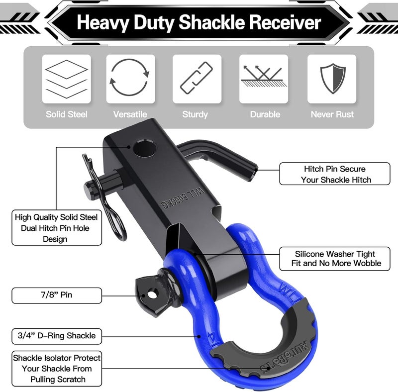AUTOBOTS Shackle Hitch Receiver 2", 45,000 Lbs Break Strength Heavy Duty Receiver with 5/8" Screw Pin, 3/4" D Ring Shackles, Towing Accessories for Vehicle Recovery Off-Road, Blue&Black - Image 2