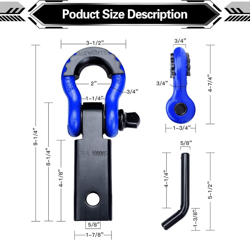 AUTOBOTS Shackle Hitch Receiver 2", 45,000 Lbs Break Strength Heavy Duty Receiver with 5/8" Screw Pin, 3/4" D Ring Shackles, Towing Accessories for Vehicle Recovery Off-Road, Blue&Black - Image 3
