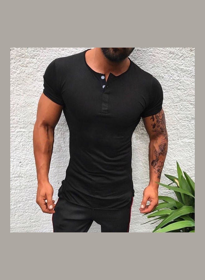 NIBEMINENT Fashion Simple Short Sleeve Cotton Blend Pullover Slim T-Shirt black - Image 2