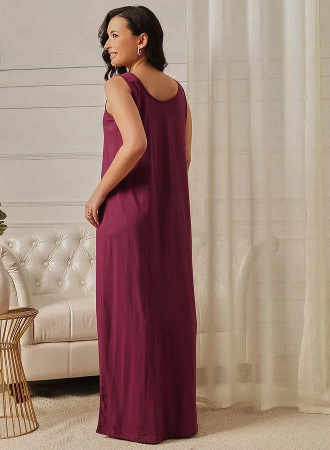كلوفيا Maroon Cotton Blend Nightdress with Side Slit