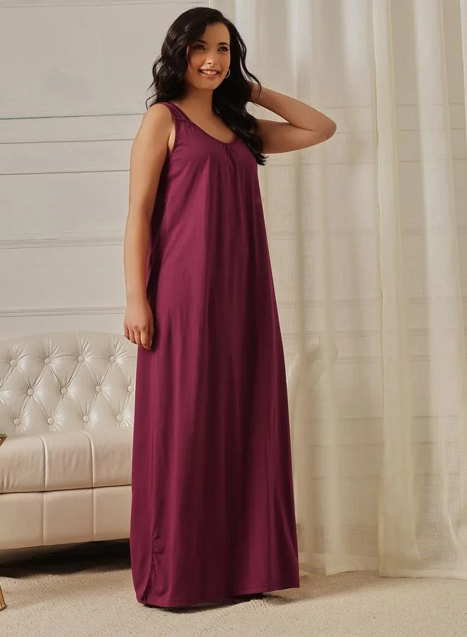 Clovia  Maroon Cotton Blend Nightdress with Side Slit for Women | Best Price UAE