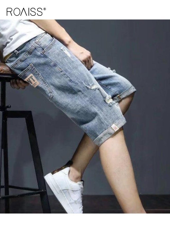 رويس بنطلون جينز رجالي صيفي قصير من قماش الدنيم قابل للتمدد قليلاً، بخصر عالٍ، فضفاض، شائع، مريح، كاجوال، بسحاب، ممزق، مع جيوب متعددة، قصير أزرق متعدد الاستخدامات للاستخدام اليومي - Image 4