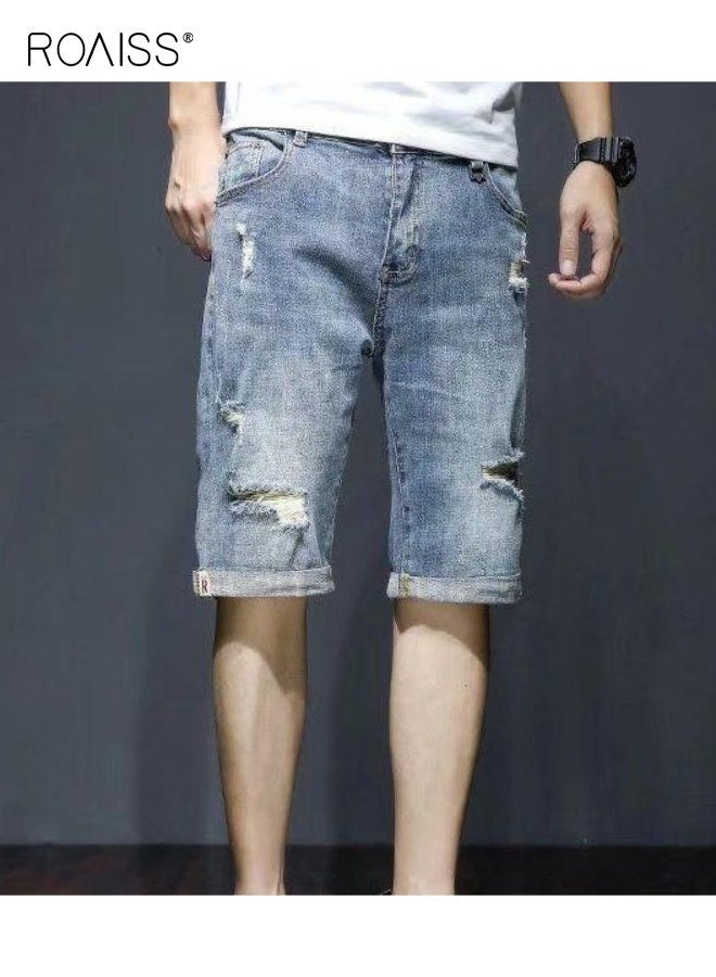 رويس بنطلون جينز رجالي صيفي قصير من قماش الدنيم قابل للتمدد قليلاً، بخصر عالٍ، فضفاض، شائع، مريح، كاجوال، بسحاب، ممزق، مع جيوب متعددة، قصير أزرق متعدد الاستخدامات للاستخدام اليومي - Image 1