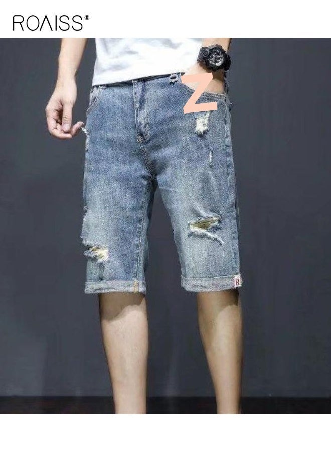 رويس بنطلون جينز رجالي صيفي قصير من قماش الدنيم قابل للتمدد قليلاً، بخصر عالٍ، فضفاض، شائع، مريح، كاجوال، بسحاب، ممزق، مع جيوب متعددة، قصير أزرق متعدد الاستخدامات للاستخدام اليومي - Image 5