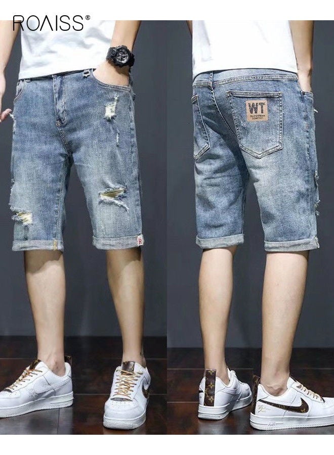 رويس بنطلون جينز رجالي صيفي قصير من قماش الدنيم قابل للتمدد قليلاً، بخصر عالٍ، فضفاض، شائع، مريح، كاجوال، بسحاب، ممزق، مع جيوب متعددة، قصير أزرق متعدد الاستخدامات للاستخدام اليومي - Image 3