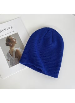 Generic White knitted hat for women autumn and winter Korean style fashionable all-matching solid color big head circumference wool pullover hat confinement delivery Sapphire Blue 