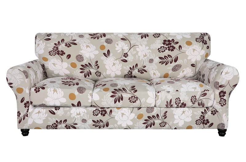 SearchI Stretch Sofa Cover Printed Couch Cover Floral Pattern 4 Pieces Sofa Slipcover with 3 Separate Cushion Cover Washable Furniture Protector for Living RoomSofa Brown Flowers - Image 2