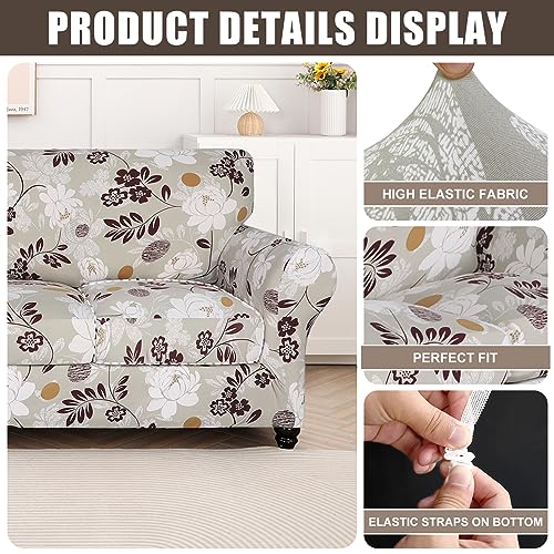 SearchI Stretch Sofa Cover Printed Couch Cover Floral Pattern 4 Pieces Sofa Slipcover with 3 Separate Cushion Cover Washable Furniture Protector for Living RoomSofa Brown Flowers - Image 3
