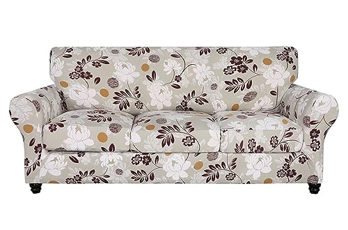 SearchI Stretch Sofa Cover Printed Couch Cover Floral Pattern 4 Pieces Sofa Slipcover with 3 Separate Cushion Cover Washable Furniture Protector for Living RoomSofa Brown Flowers - Image 1