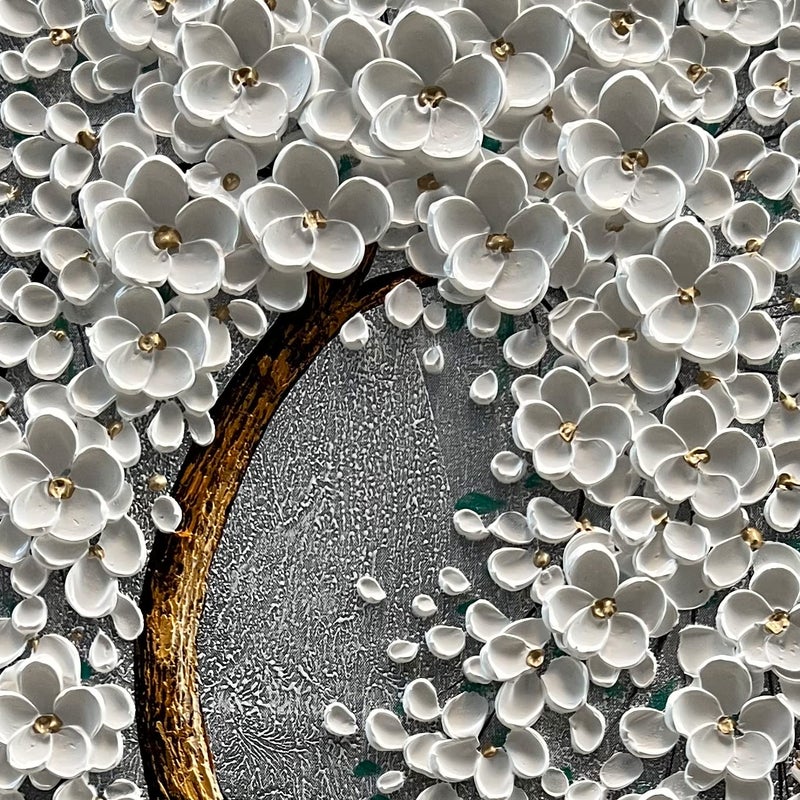 Epicler art 100% Hand-Painted 3D White Vertical Abstract Flower Tree Painting, Canvas Texture Mural, Living Room, Bedroom, Dining Room Mural 24x48 inchs - Image 2