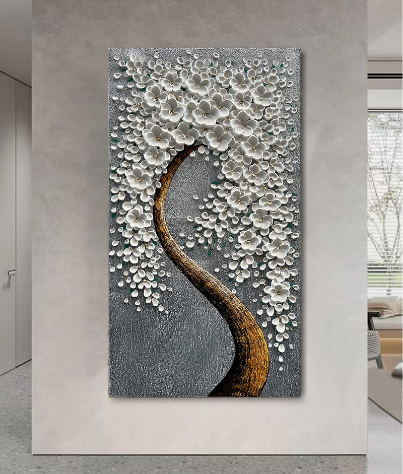 Epicler art 100% Hand-Painted 3D White Vertical Abstract Flower Tree Painting, Canvas Texture Mural, Living Room, Bedroom, Dining Room Mural 24x48 inchs - Image 4