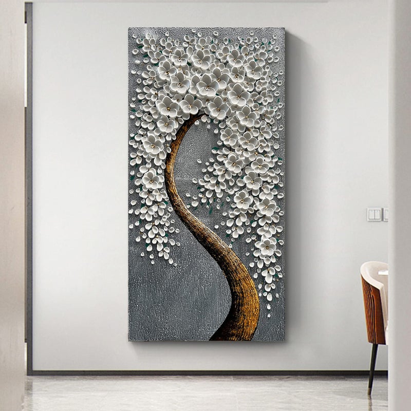 Epicler art 100% Hand-Painted 3D White Vertical Abstract Flower Tree Painting, Canvas Texture Mural, Living Room, Bedroom, Dining Room Mural 24x48 inchs - Image 5