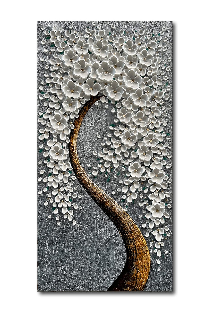 Epicler art 100% Hand-Painted 3D White Vertical Abstract Flower Tree Painting, Canvas Texture Mural, Living Room, Bedroom, Dining Room Mural 24x48 inchs - Image 1