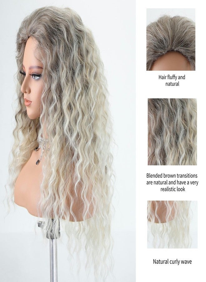 Fencca Ash Blonde Long Curly Wigs for Women Ombre Color Heat Synthetic Curly Wig Mix Blonde Curly Wavy Wig Layered Natural Daily Party Wig - Image 3