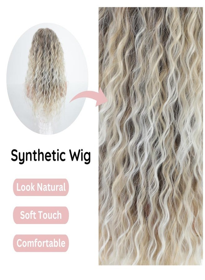 Fencca Ash Blonde Long Curly Wigs for Women Ombre Color Heat Synthetic Curly Wig Mix Blonde Curly Wavy Wig Layered Natural Daily Party Wig - Image 4