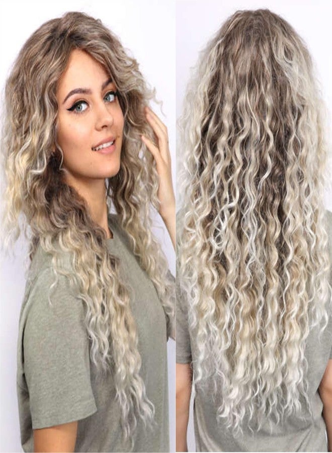 Fencca Ash Blonde Long Curly Wigs for Women Ombre Color Heat Synthetic Curly Wig Mix Blonde Curly Wavy Wig Layered Natural Daily Party Wig - Image 2