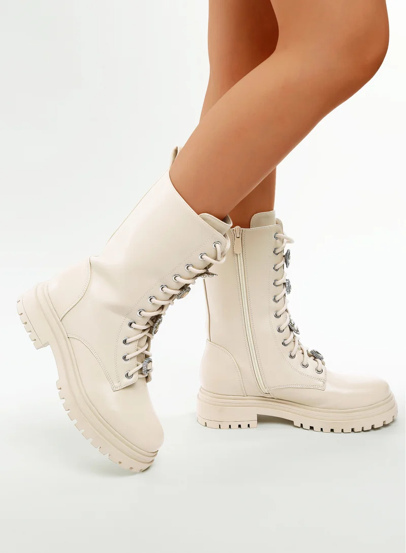 London Rag Rhinestone jewelled Chunky Boots in Beige