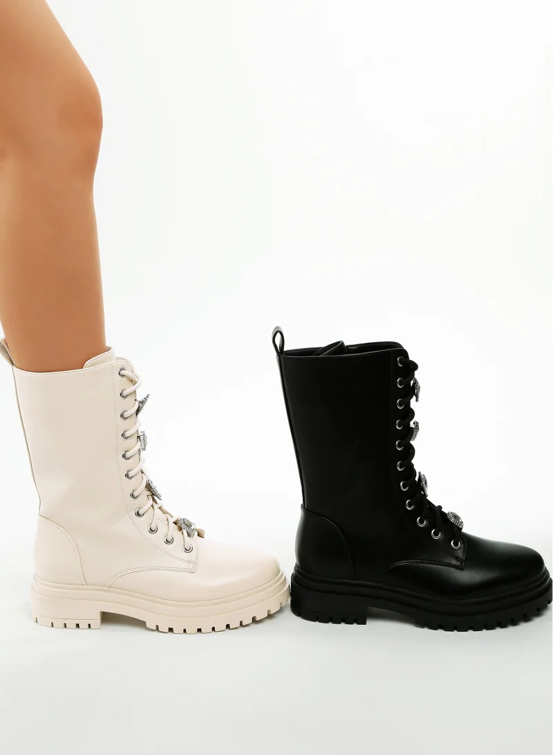 London Rag Rhinestone jewelled Chunky Boots in Beige
