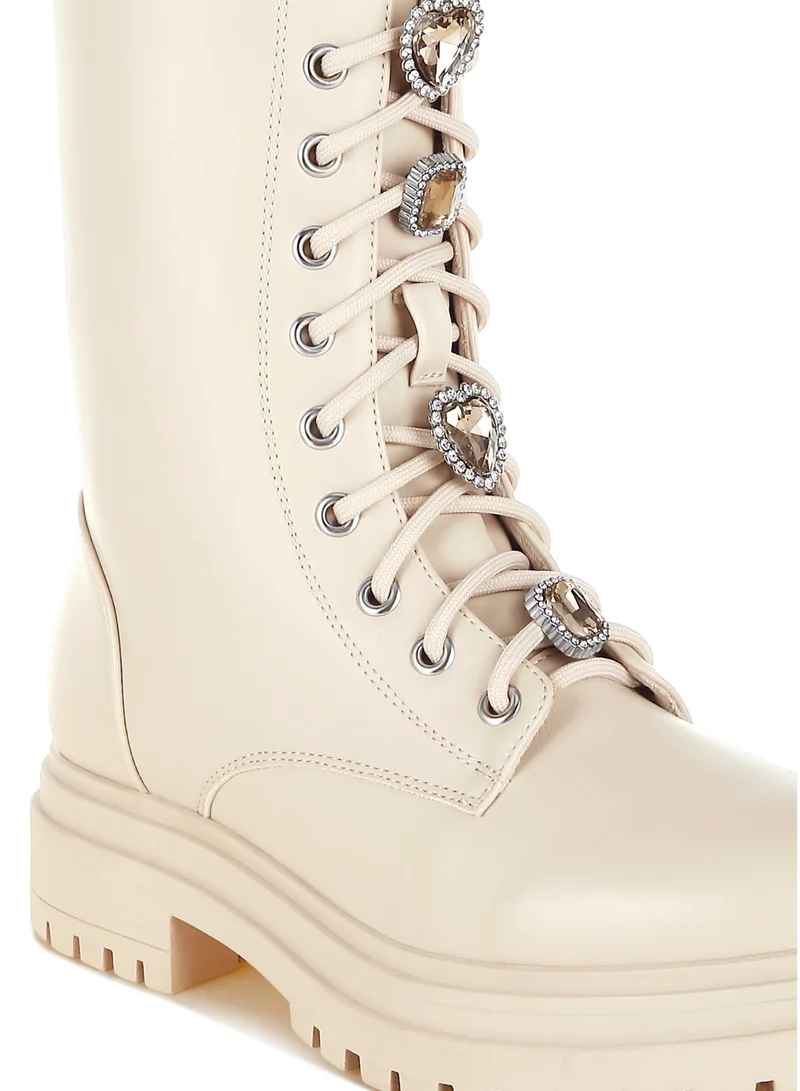 London Rag Rhinestone jewelled Chunky Boots in Beige