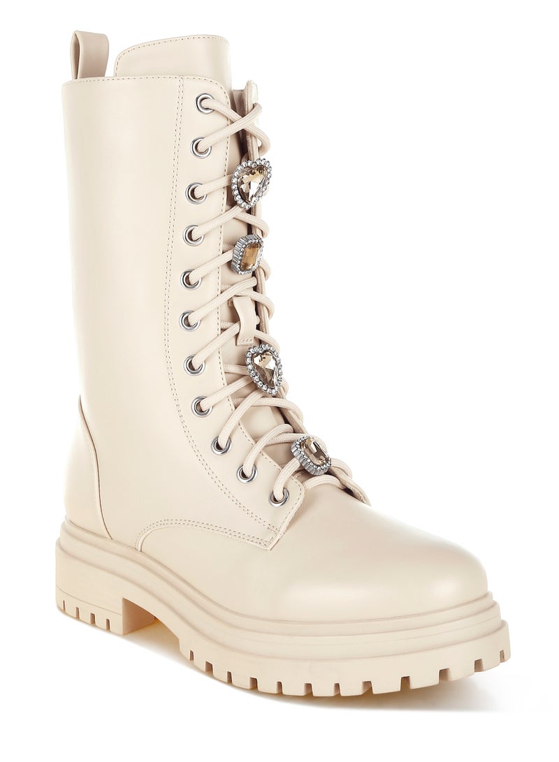 London Rag Rhinestone jewelled Chunky Boots in Beige - Image 2