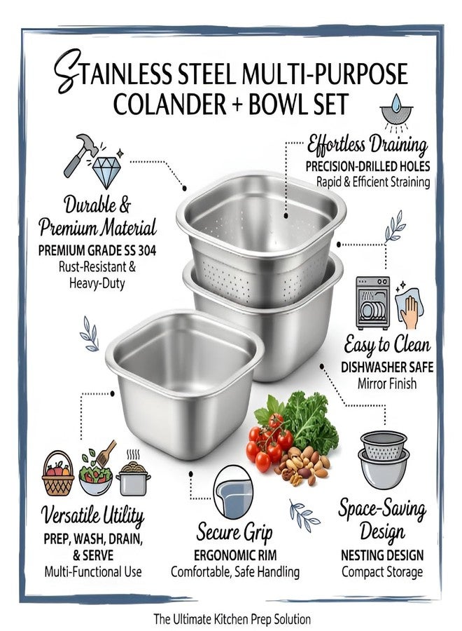 SHREESAMP Stainless Steel Washing Bowl with Colander Large Heavy Duty Kitchen Bowl for Rice Washing Vegetable Cleaning Fruit Washing Pasta Strainer Multipurpose Rust Proof Dishwasher Safe for HomeUse - Image 2
