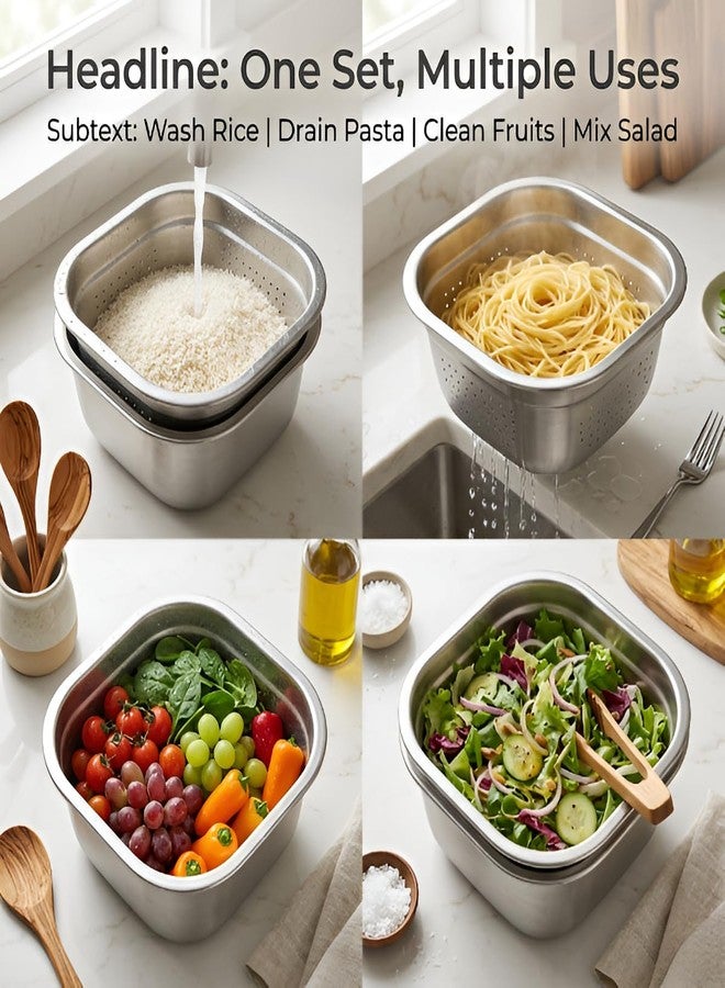 SHREESAMP Stainless Steel Washing Bowl with Colander Large Heavy Duty Kitchen Bowl for Rice Washing Vegetable Cleaning Fruit Washing Pasta Strainer Multipurpose Rust Proof Dishwasher Safe for HomeUse - Image 4