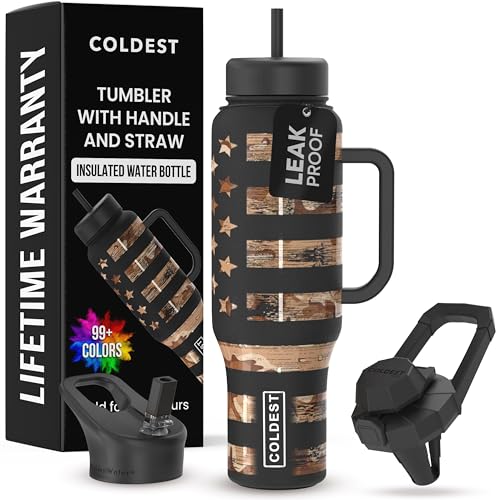 THE COLDEST WATER Coldest Tumbler with Handle and Straw 100 Leak Proof Insulated Tumbler with Lid and Straw 3 Lids Stainless Steel Tumblers for Women Men Cup Holder Friendly 46 oz Camouflage Flag - Image 1