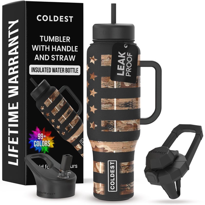 THE COLDEST WATER Coldest Tumbler with Handle and Straw 100 Leak Proof Insulated Tumbler with Lid and Straw 3 Lids Stainless Steel Tumblers for Women Men Cup Holder Friendly 46 oz Camouflage Flag - Image 2