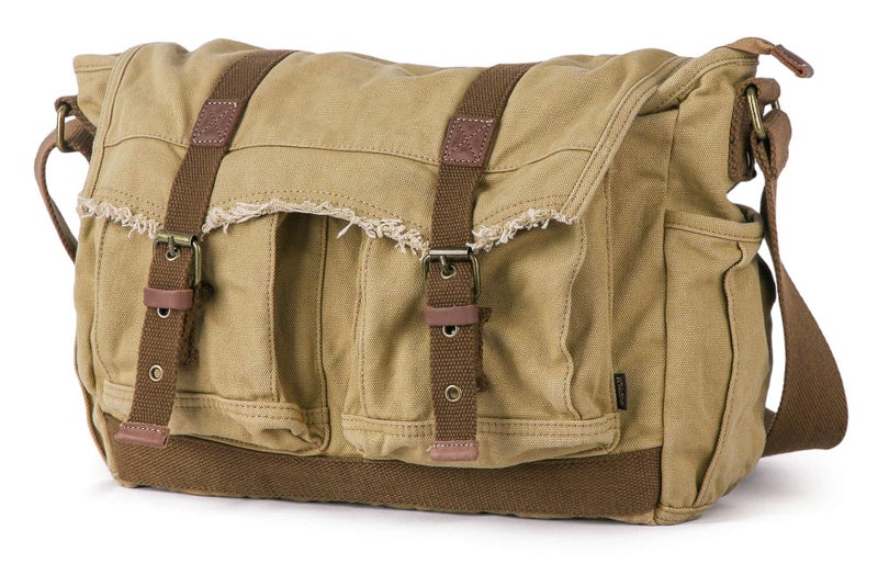 GOOTIUM Canvas Messenger Bag - Vintage Shoulder Bag Frayed Style Boho Purse, Khaki - Image 2