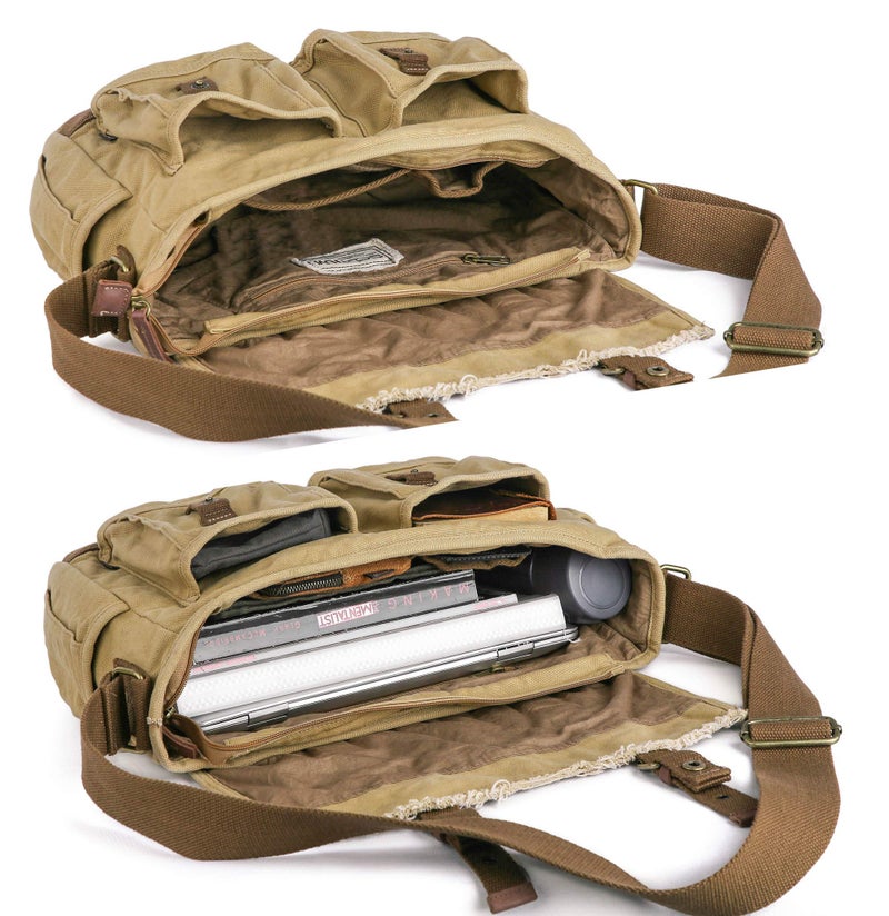 GOOTIUM Canvas Messenger Bag - Vintage Shoulder Bag Frayed Style Boho Purse, Khaki - Image 5