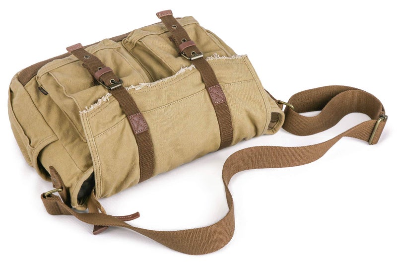GOOTIUM Canvas Messenger Bag - Vintage Shoulder Bag Frayed Style Boho Purse, Khaki - Image 4