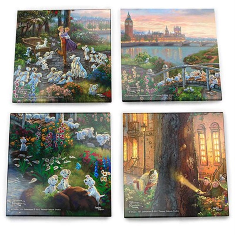 Disney 101 Dalmatians Glass Coaster Set Decor - Thomas Kinkade - Comes with Stylish Modern Wooden Holder