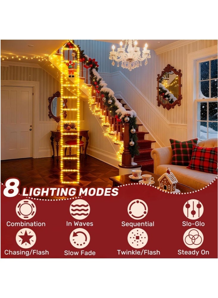 GGEROU 205 أضواء عيد الميلاد LED للزينة الداخلية والخارجية 6.6 قدم أضواء سلالم زينة عيد الميلاد مع سانتا كلوز، 8 أوضاع أضواء شجرة عيد الميلاد المقاومة للماء للحديقة والنوافذ وزينة المنزل والجدران، أبيض دافئ - Image 4