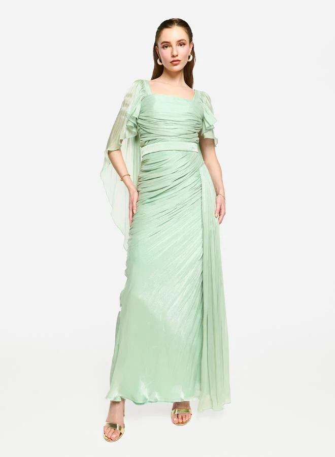 House of Moda House of Moda Pleated Cape Sleeves Ruffled Detail Maxi Dress