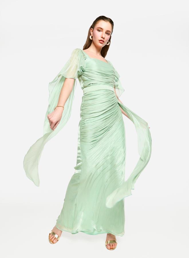 House of Moda Pleated Cape Sleeves Ruffled Detail Maxi Dress - Image 3