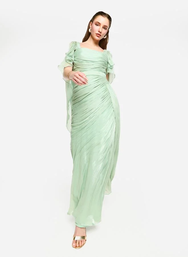 House of Moda House of Moda Pleated Cape Sleeves Ruffled Detail Maxi Dress
