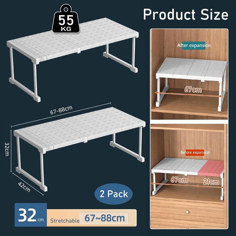 YSOAE 2 PACK Expandable Cabinet Storage, Expandable Closet Shelf Stackable Organizer, Rack for Kitchen Bathroom Pantry Spice Cupboard Coffee Countertop Home Office Desk (L: 67-88CM) - Image 2