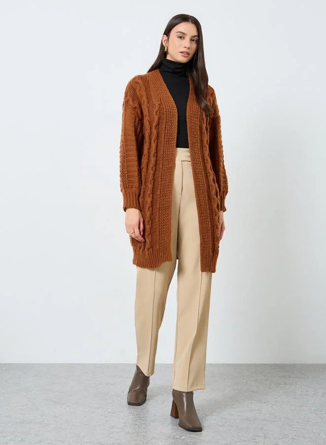 Take Two Copper Cable Knit Open Front Midi Cardigan