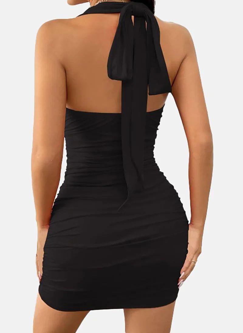 يونيكي Black Solid Sleeveless Halter Neck Mini Bodycon Dress
