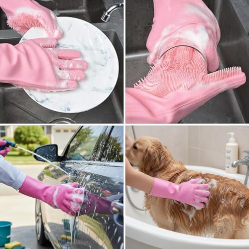 Pivalo Reusable Silicone Dishwashing Gloves for Kitchen Utensil Cleaning Scrubber Heat-Resistant & Waterproof Pet Grooming Dog Bathing Cars and Bathroom Cleaning Gloves (1 Pair, Multicolour) - Image 2