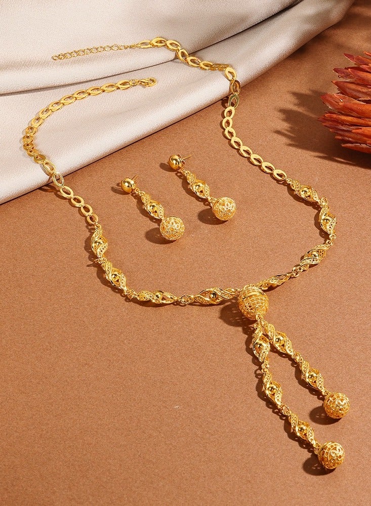 Jewelry Gold hollow twisted ball necklace and earrings (alloy) - Image 2
