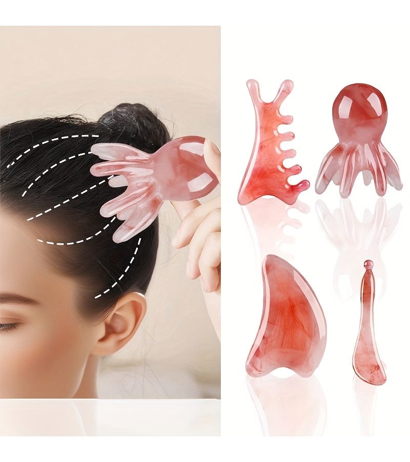 4pcs Pink Facial Massage Relaxation Gua Sha Care Set Includes Massage Tools For Face Eyes Nose Head Skin Care Meridian Massage Comb Dolin Head Massage Comb Octopus Massage Comb - Image 1