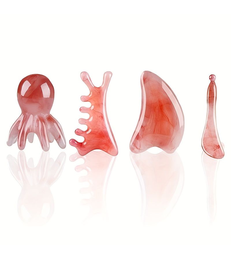 4pcs Pink Facial Massage Relaxation Gua Sha Care Set Includes Massage Tools For Face Eyes Nose Head Skin Care Meridian Massage Comb Dolin Head Massage Comb Octopus Massage Comb - Image 3