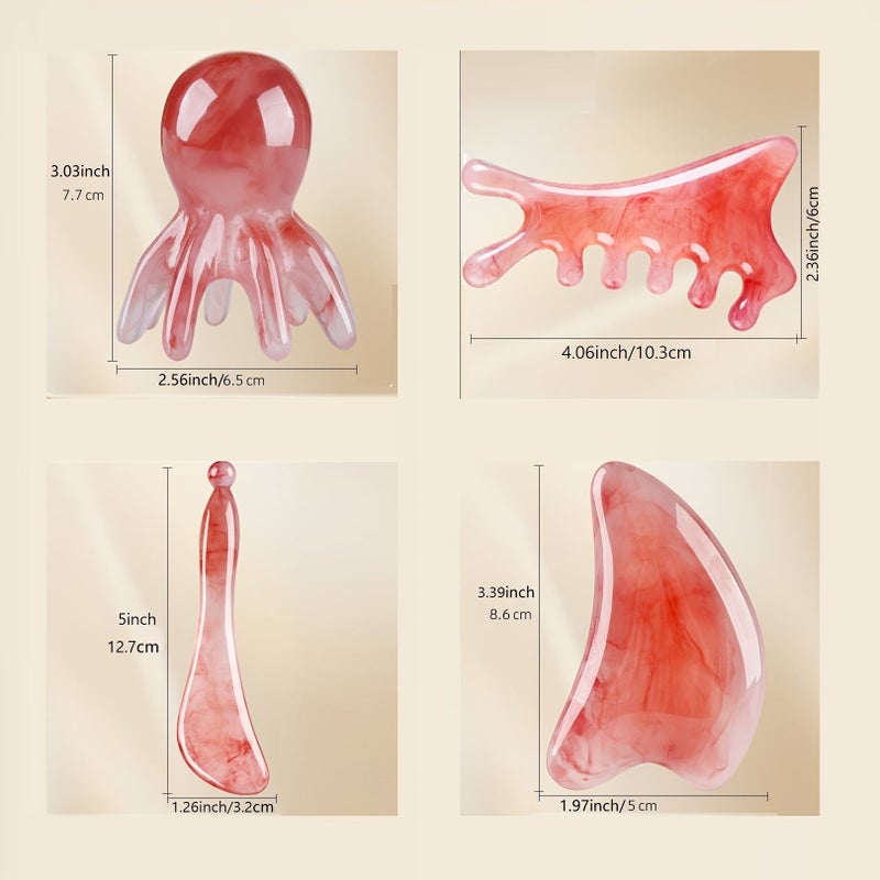 4pcs Pink Facial Massage Relaxation Gua Sha Care Set Includes Massage Tools For Face Eyes Nose Head Skin Care Meridian Massage Comb Dolin Head Massage Comb Octopus Massage Comb - Image 4
