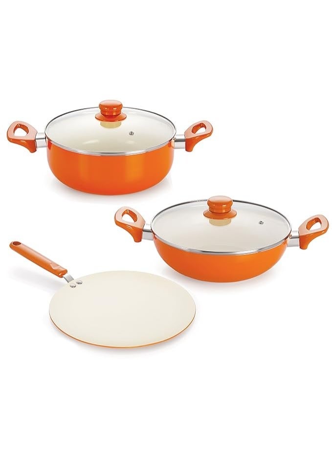 Nirlon Aluminium Non-Stick Ceramic Non-Toxic Cookware Set - 1 Concave Tawa, 1 Deep Kadhai with Glass Lid, 1 Casserole with Glass Lid - Image 1