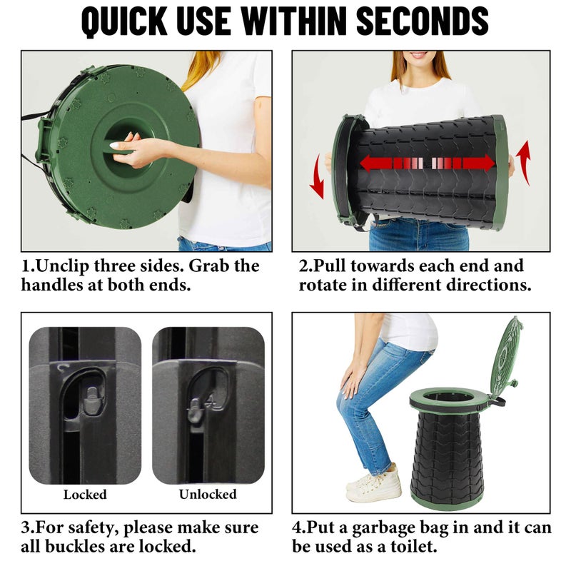 ALEVMOOM XXL Portable Toilet for Camping,880lbs Capacity,19.7"H Adjustable Outdoor Toilet with 7 Garbage Bags,Porta Potty for Adults,Collapsible Luggable Loo for Camping-Green - Image 5