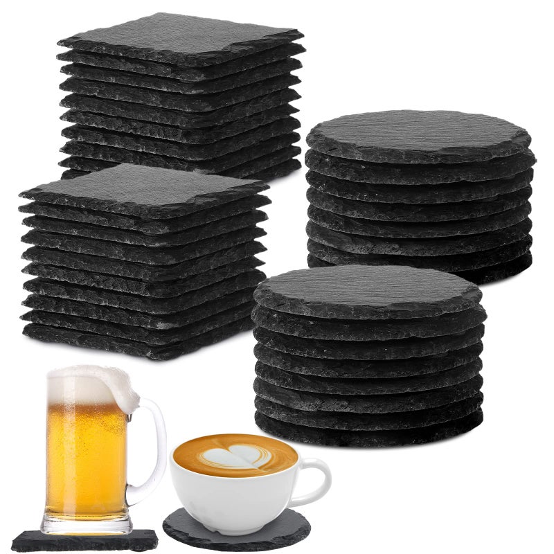 Hoolerry 72 Pcs Slate Coasters Bulk 4 x 4 Inch 36 Square Black Coasters 36 Round Drink Coasters for Engraving Natural Edge Bar Cup Coaster with Anti Scratch Bottom for Kitchen Coffee Table Home